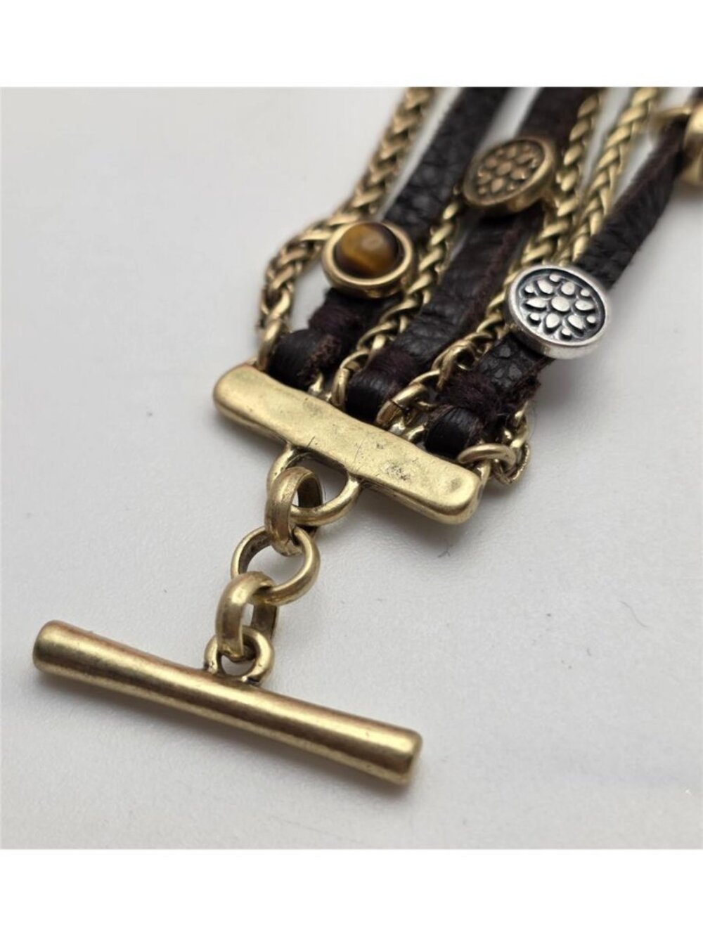 Lucky Brand Tiger's Eye Charm Gold Tone Multi Chain Leather Bracelet 7" - Picture 2 of 8
